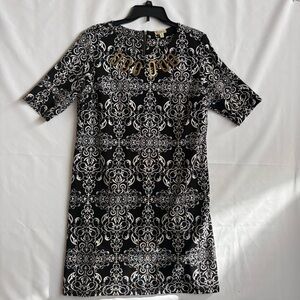 Haani Vintage Black and White Ornate Midi Dress brass accents Size XL INV25/330